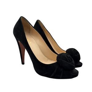 Prada Rosette Peep Toe Black Suede High Heel Pumps Size 38.5